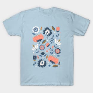 Folk Art Florals in Pink + Blue T-Shirt